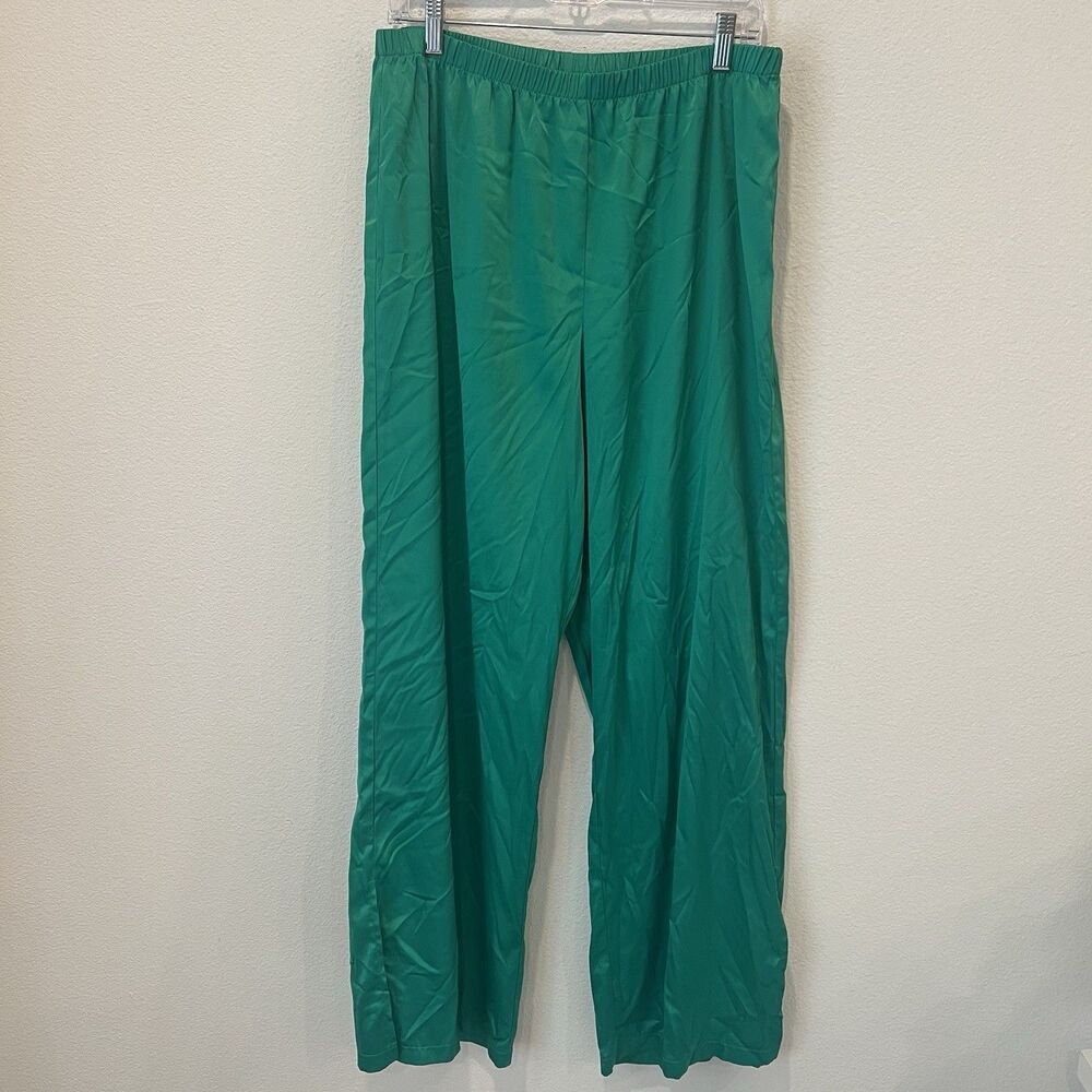 Women’s Emerald Green Satin Wide Leg Pants Women's L Resort Lounge Vacation